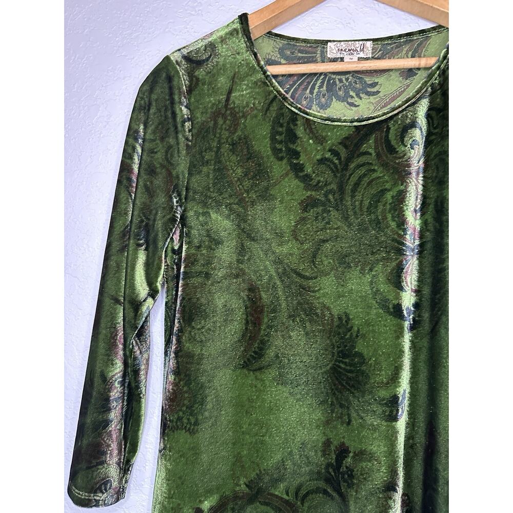 One World Top Tunic Velvet Green A Symmetrical Paisley Boho Medium Woman’s - Picture 4 of 8